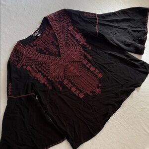 Johnny Was Workshop | Embroidered V-Neck Wide Sleeve Boho Silk Top Black (S)